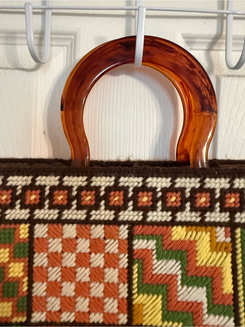 Green & Mustard Patchwork Tapestry Tote with Tortoiseshell Handles - Picture 3 of 5